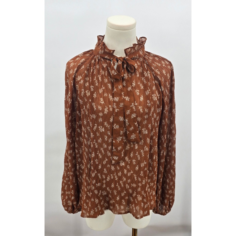 Wishlist Apparel Brown Floral Pleated Tie Neck Blouse Cottagecore Romantic M